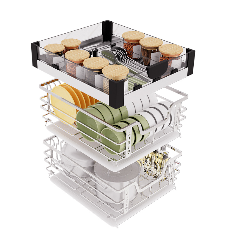 加深47橱柜厨房碗碟拉篮304不锈钢抽屉碗架小拉篮400柜体450阻尼