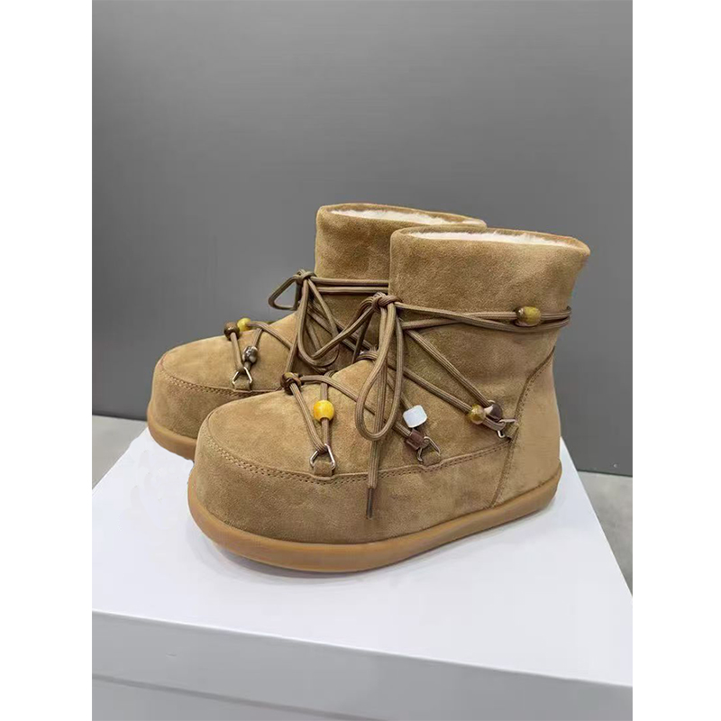 加绒保暖厚底增高串珠真皮雪地靴