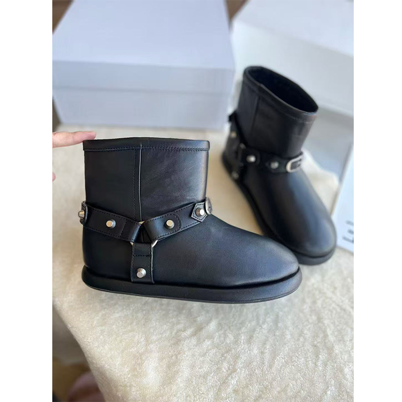 加绒保暖皮带扣真皮平底雪地靴女
