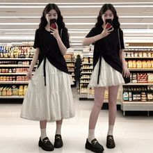 大码女装韩剧穿搭套装夏季蝴蝶结上衣胖MM遮肚显瘦蛋糕裙子两件套