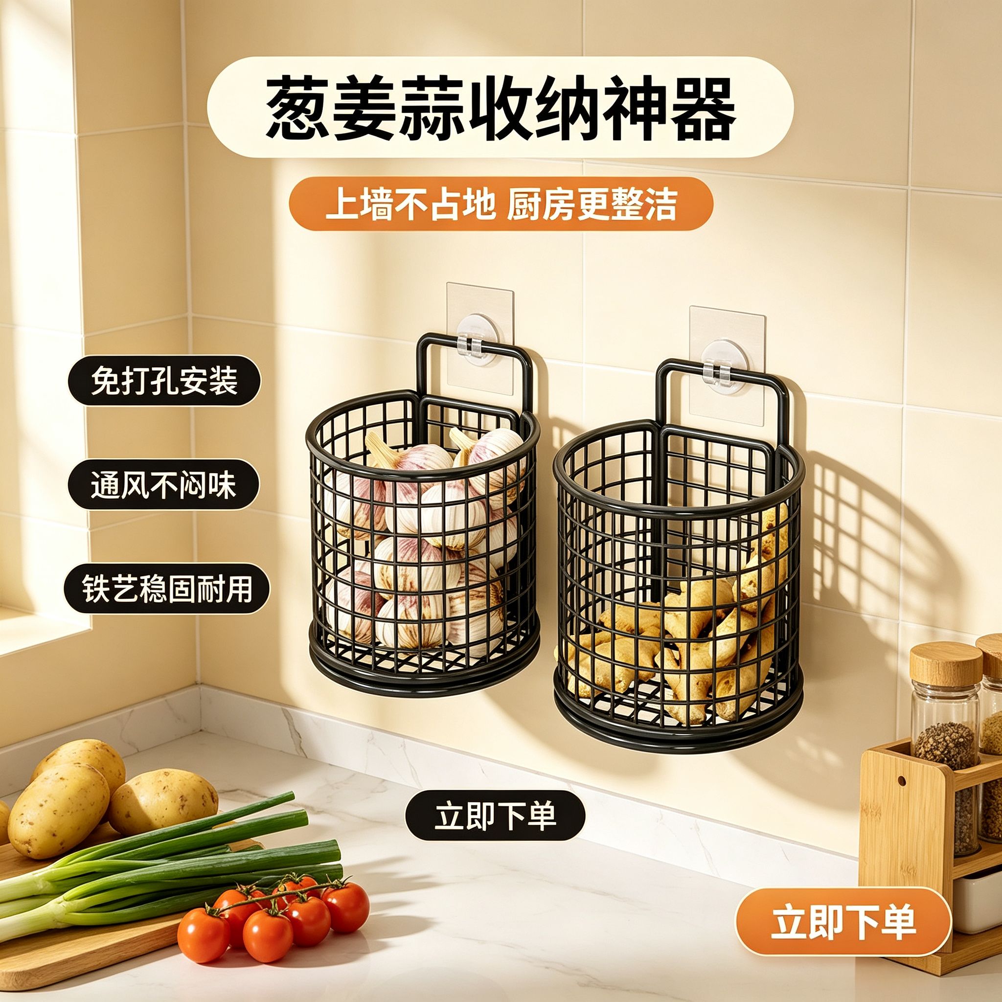 葱姜蒜收纳盒家用厨房壁挂式免打孔置物架生姜大蒜收纳筐墙上挂篮