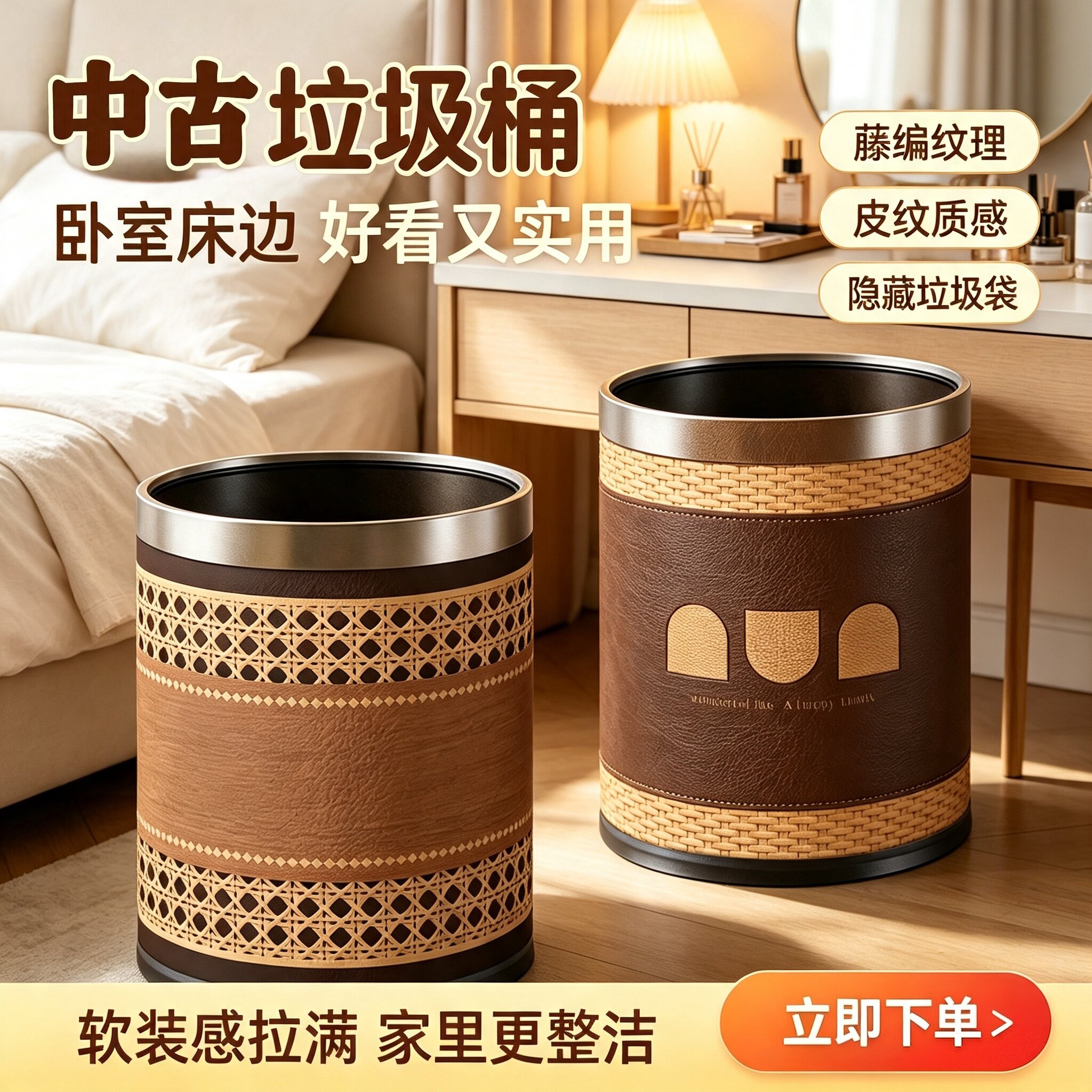中古风仿藤编木质皮纹垃圾桶家用办公室客厅收纳桶金属双层垃圾桶