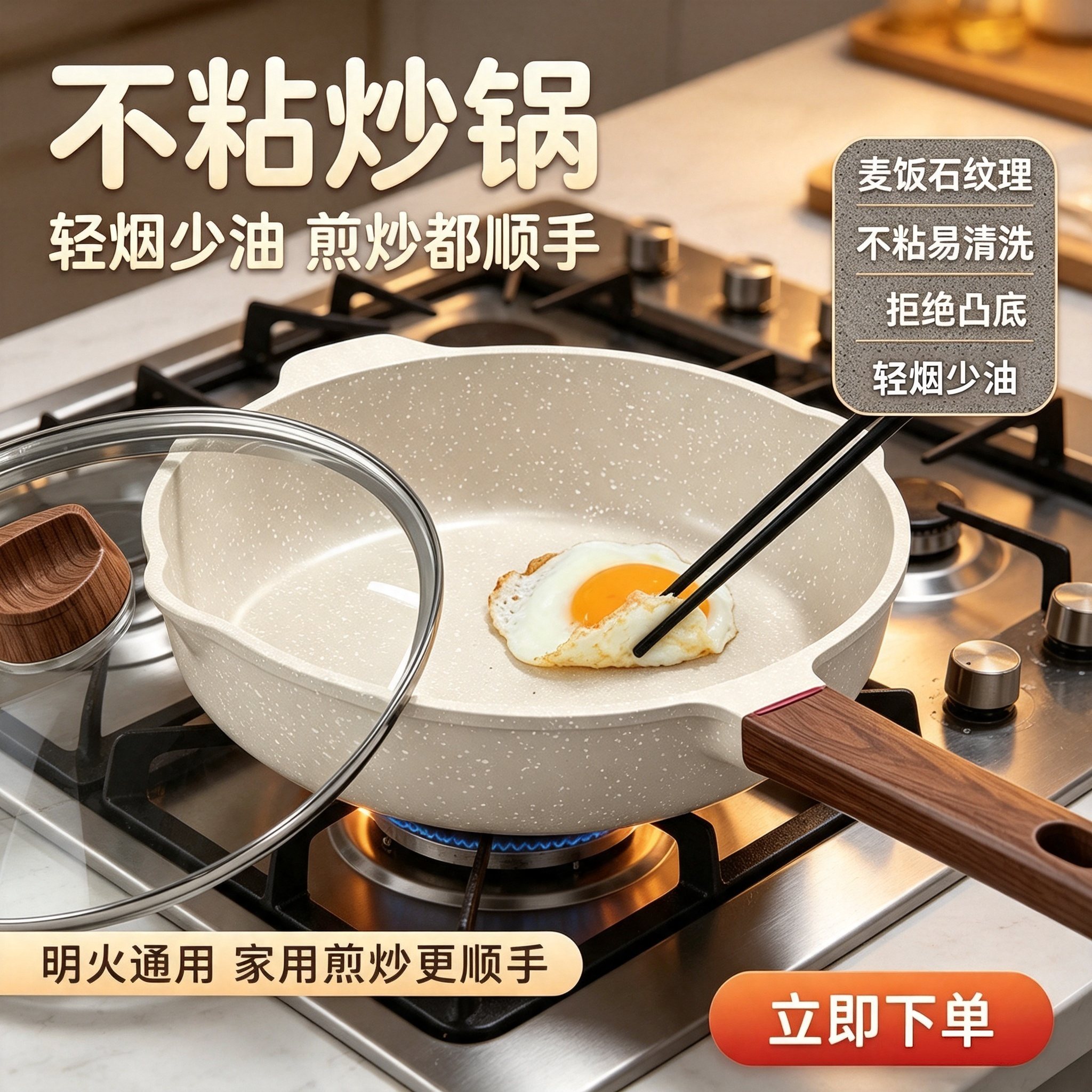 麦饭石平底不粘锅家用牛排煎锅煎蛋神器煎饼电磁炉煤气灶炒锅专用