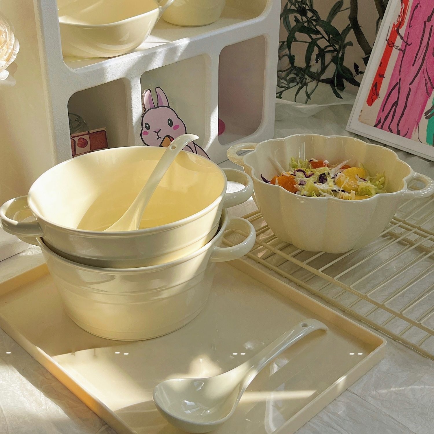 奶fufu双耳大汤碗陶瓷面碗家用大容量泡面碗ins大汤碗螺蛳粉碗勺