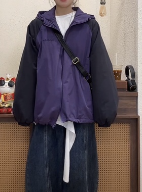 【小惜亦】秋冬款宽松双拼色时尚慵懒加棉连帽冲锋衣70052