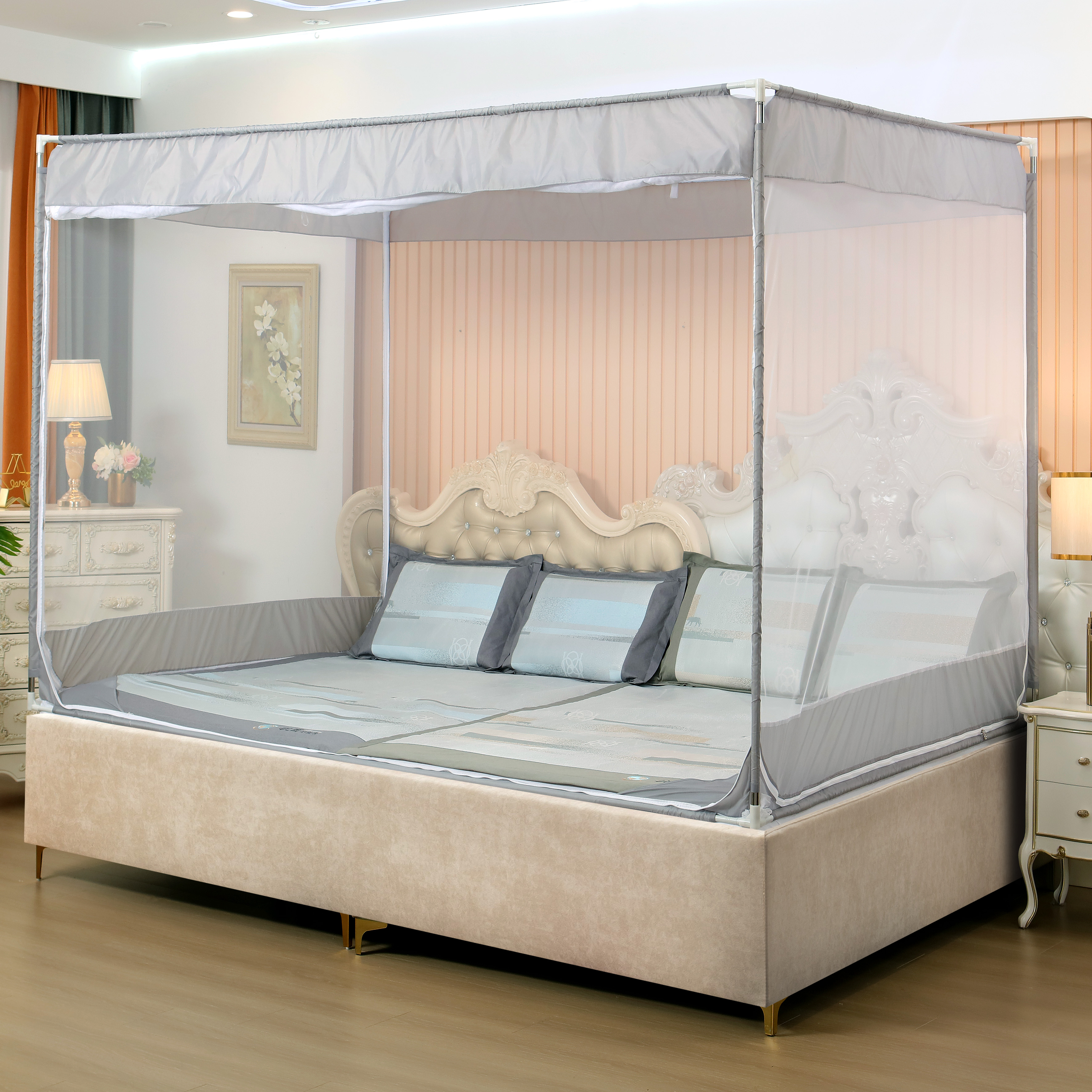 定做床笠款防掉床特殊尺寸超大号加拼接床榻榻米床炕床蚊帐三开门