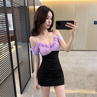 夜场女工作服店低胸性感网纱短袖露肩吊带紧身包臀短款打底连衣裙