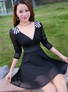 夜店女装2024秋季新款性感V领低胸网纱长袖拼接紧身包臀连衣裙子