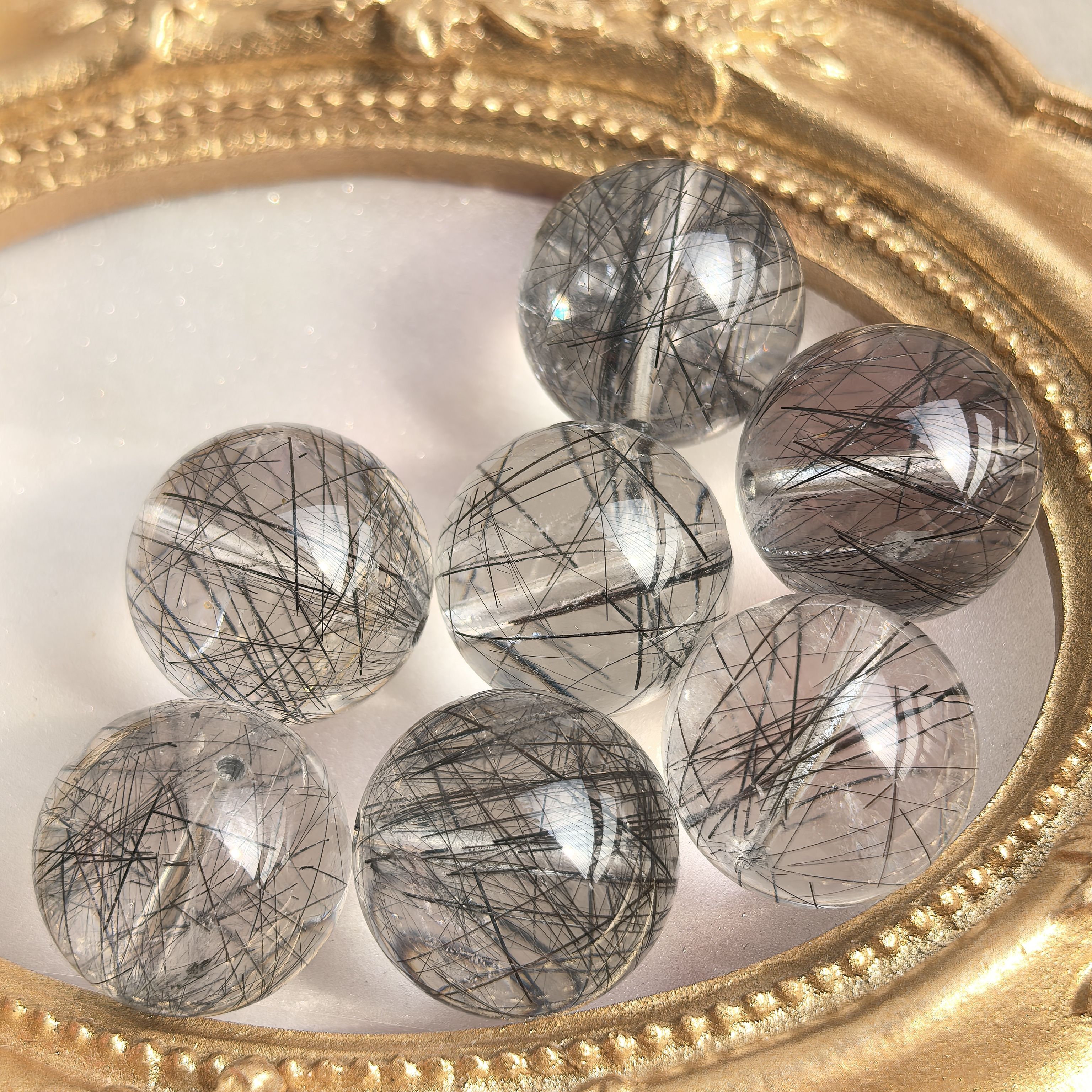 天然透体黑发晶散珠发晶珠子黑发晶单珠水晶设计款DIY手串配珠