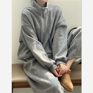 子2件套装 松紧腰阔腿长裤 女 加绒加厚立领套头宽松保暖卫衣 秋冬季