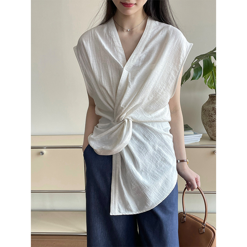 夏季新款设计感扭结套头无袖中长款气质黑色纯色衬衫女V领衬衣