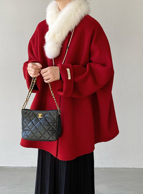 双面呢100羊毛大衣女春秋冬季新年红色圣诞中长款仿狐狸毛领外套