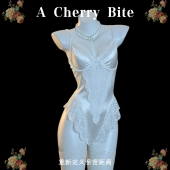 「樱桃慕斯」性感纯欲蕾丝缎面网纱透视吊带连体衣睡衣套装 qqny