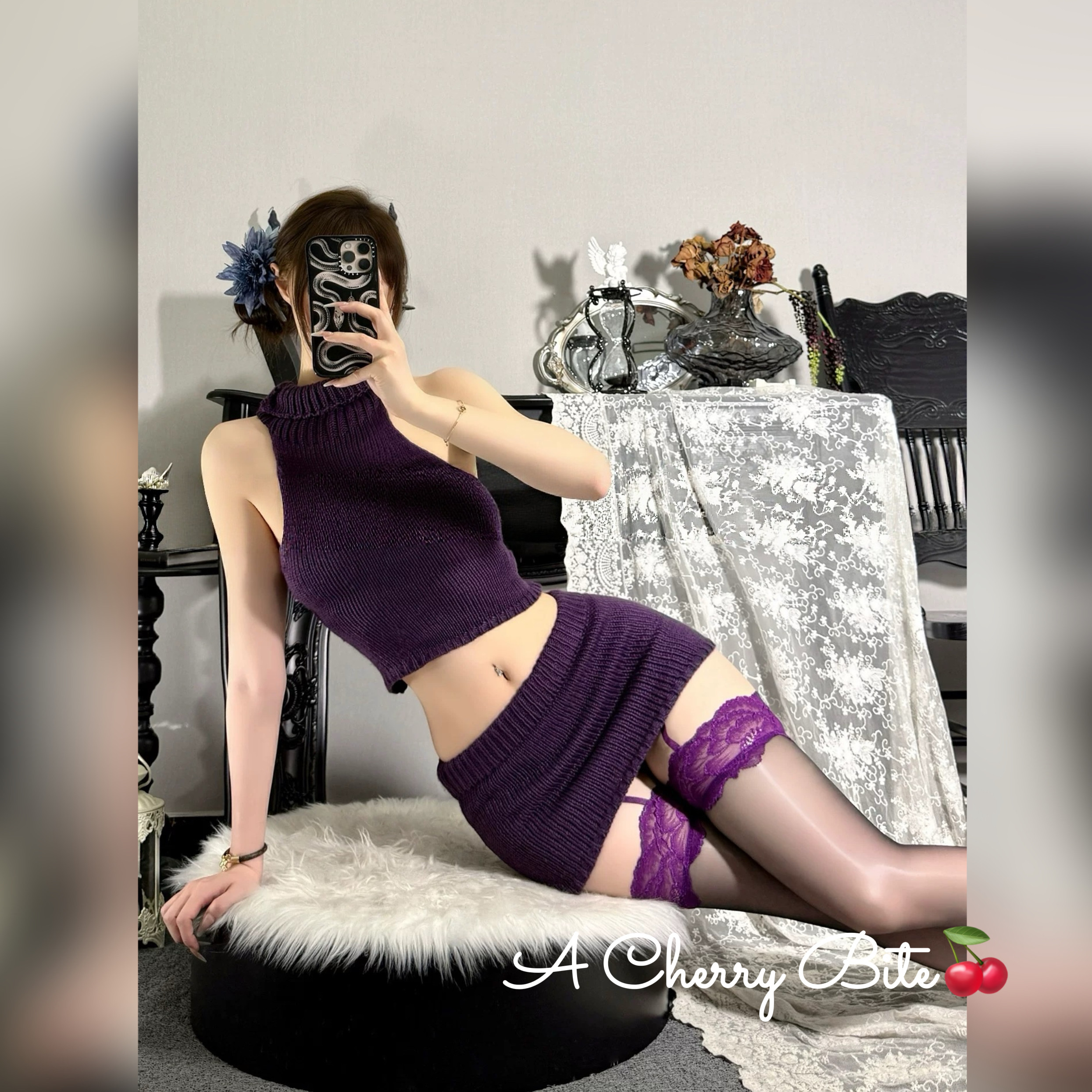 【樱桃陷阱】性感纯欲紫色两穿镂空高领针织背心短包臀裙夜店gogo