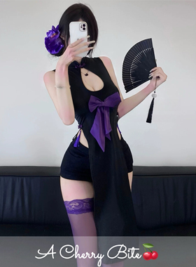 「玲珑樱桃」性感紫色蝴蝶结镂空无袖修身制服两穿旗袍夜店gogo