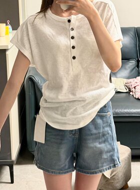 法式白色亨利领正肩收腰短袖T恤女夏季韩系松弛感宽松蝙蝠袖上衣
