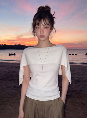 法式老钱风斗篷一字领披肩短袖t恤女夏设计感小众收腰短款上衣