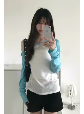 慵懒清冷感拼色露肩防晒罩衫长袖t恤女夏季薄款微透修身斜肩上衣