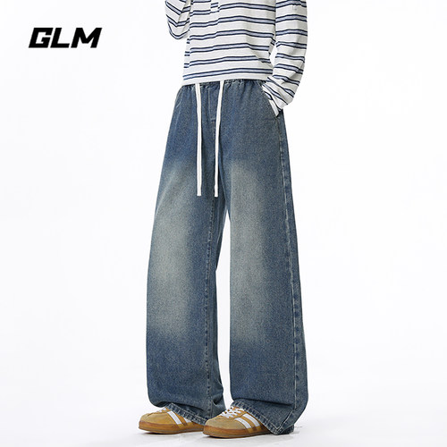 GLM美式复古水洗牛仔裤男2026秋季新款潮牌宽松休闲直筒阔腿长裤