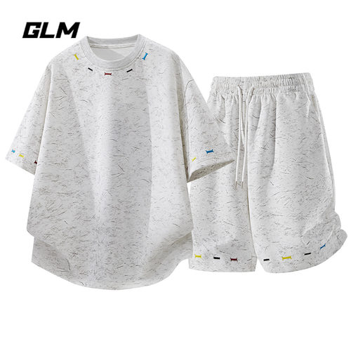 GLM青少年夏季刺绣短袖休闲套装男款宽松扎染短裤运动百搭两件套