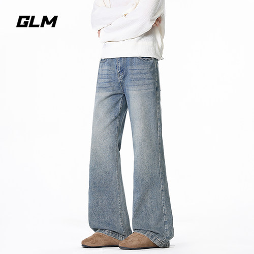 GLM潮牌美式复古水洗微喇牛仔裤男秋季新款街头宽松百搭拖地长裤