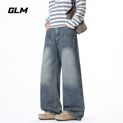 GLM美式复古水洗牛仔裤男2026秋季宽松阔腿直筒裤高街百搭长裤子