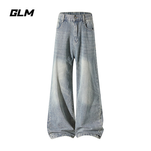 GLM美式复古做旧水洗牛仔裤男夏季宽松阔腿直筒休闲渐变色长裤子
