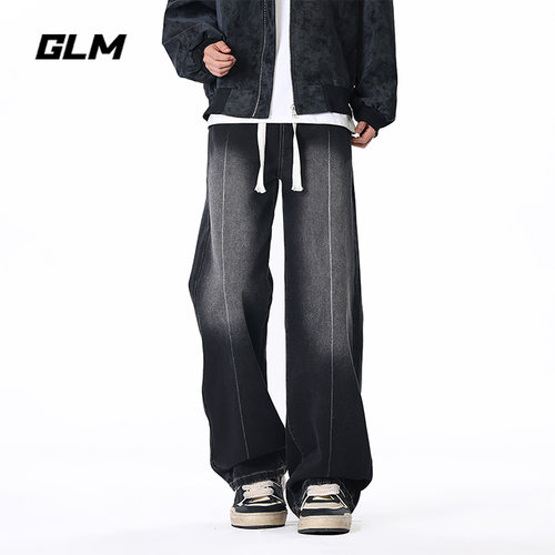 GLM美式高街渐变牛仔裤男秋季潮牌明线宽松直筒休闲裤阔腿长裤子