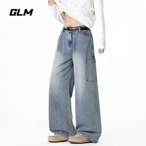 GLM美式复古水洗蓝渐变牛仔裤男秋季宽松直筒阔腿多口袋休闲长裤