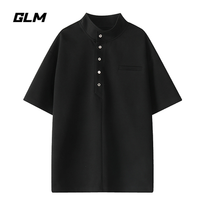 GLM国潮半开衫立领短袖T恤男夏季新款高级感宽松休闲潮牌套头上衣