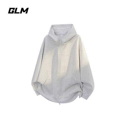 GLM美式风连帽拉链卫衣男宽松开衫灰色休闲上衣外套