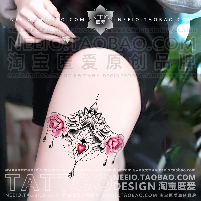 neeio红玫瑰珠宝图腾 大腿腹部脐上遮挡疤痕纹身贴性感大图防水女
