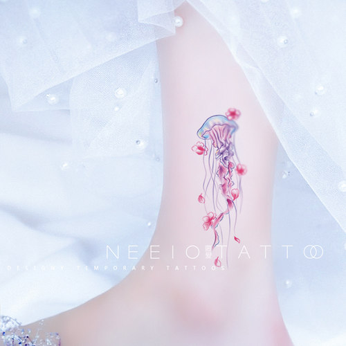 neeio纹身贴 桃花水母 小清新仙女彩色花朵海洋系列脚踝胸 防水女