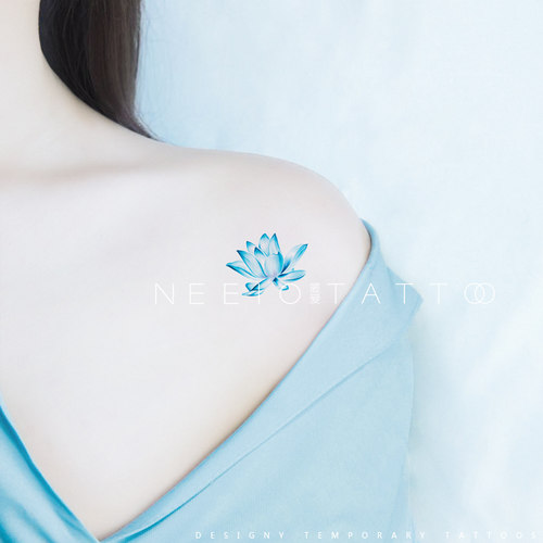 neeio纹身贴 莲花时光 胸前锁骨脚踝清新唯美文艺蓝色荷花 防水女