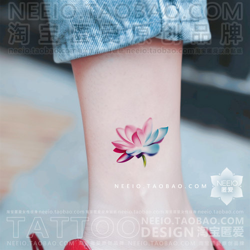 neeio 异色莲花瑜伽脚踝纹身贴彩色小荷花个性防水女国风彩绘贴纸