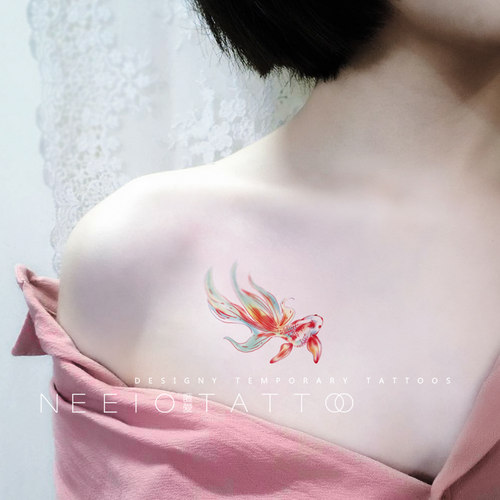 neeio纹身贴 梦幻情侣双鱼 小清新水彩文艺少女古风金鱼 防水持久