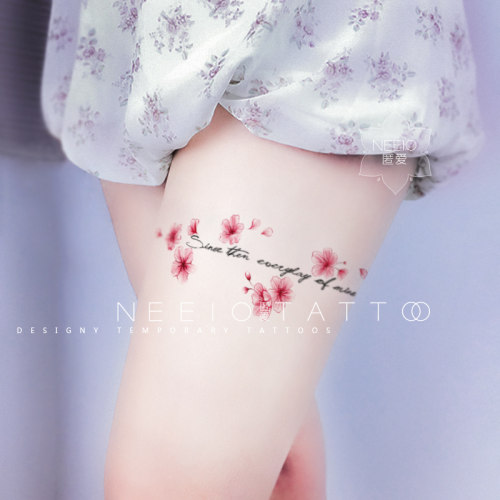 neeio纹身贴 清新桃花英文 大腿环后背性感樱花朵长条大图 防水女
