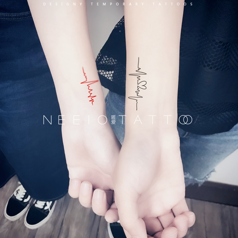 neeio纹身贴 心动回忆 心电图心跳符号 个性红黑色情侣英文防水女