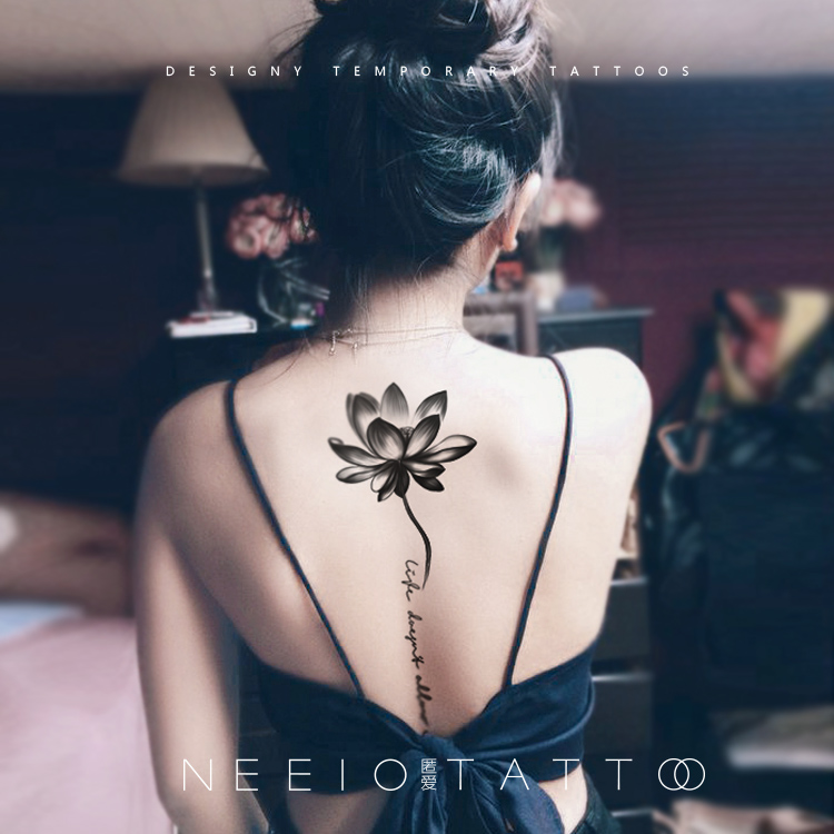neeio纹身贴 水墨莲花英文 古风黑色荷花后背脊柱大图 防水持久女