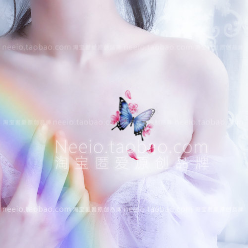neeio纹身贴落花蝶翼 唯美古风花瓣雨蓝色蝴蝶胸前脚踝防水持久女
