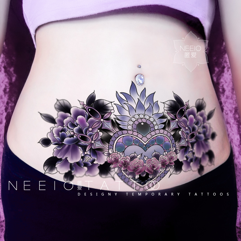 neeio大纹身贴 蓝色花朵珠宝 性感肚子挡疤痕剖腹产妊娠纹 防水女