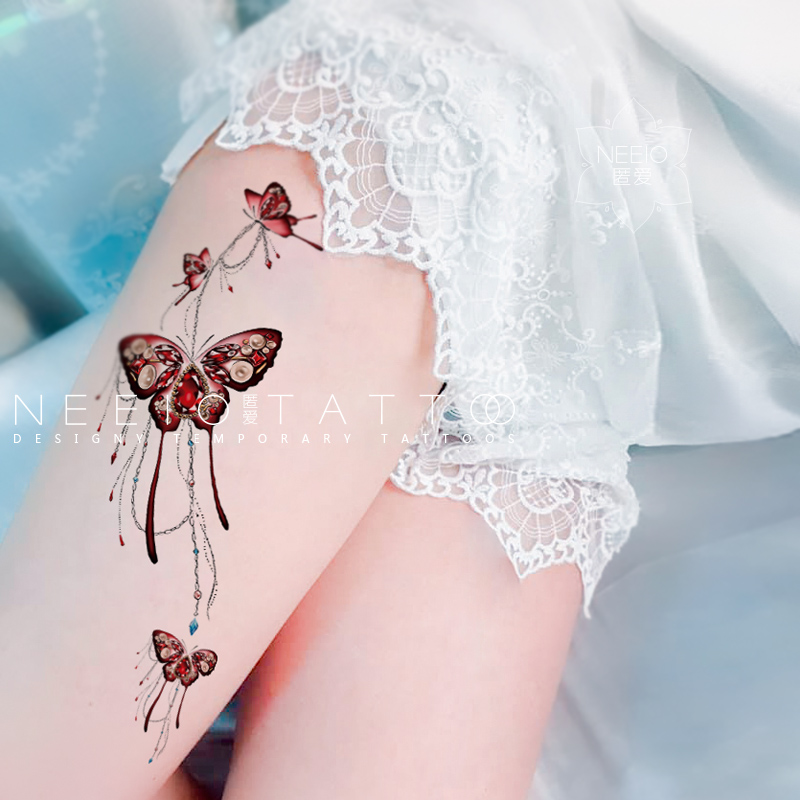 neeio纹身贴 时光蝴蝶 古典唯美红色珠宝链性感大腿手臂部 防水女