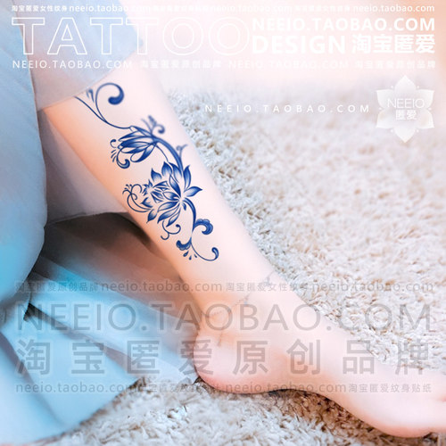 neeio纹身贴 蓝色莲花藤蔓 艺术荷花小腿遮盖疤痕防水持久女