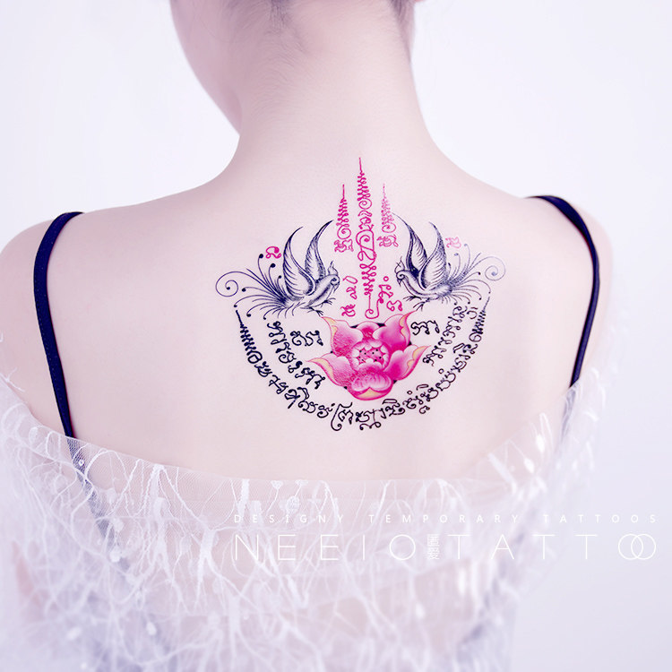 neeio纹身贴 飞鸟莲花文字 个性时尚梵文后背大图防水男女