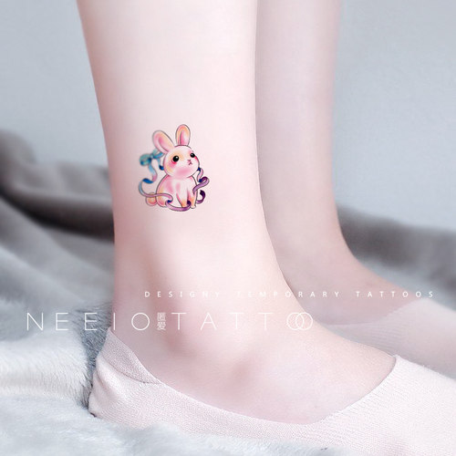 neeio纹身贴 萌萌小月兔 卡通可爱动物玉兔清新粉色小兔子 防水女