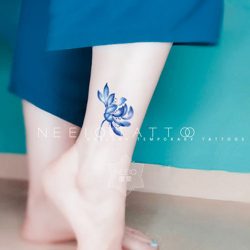neeio纹身贴 莲花醉梦 古风蓝色水墨荷花胸前脚踝情侣 防水持久女