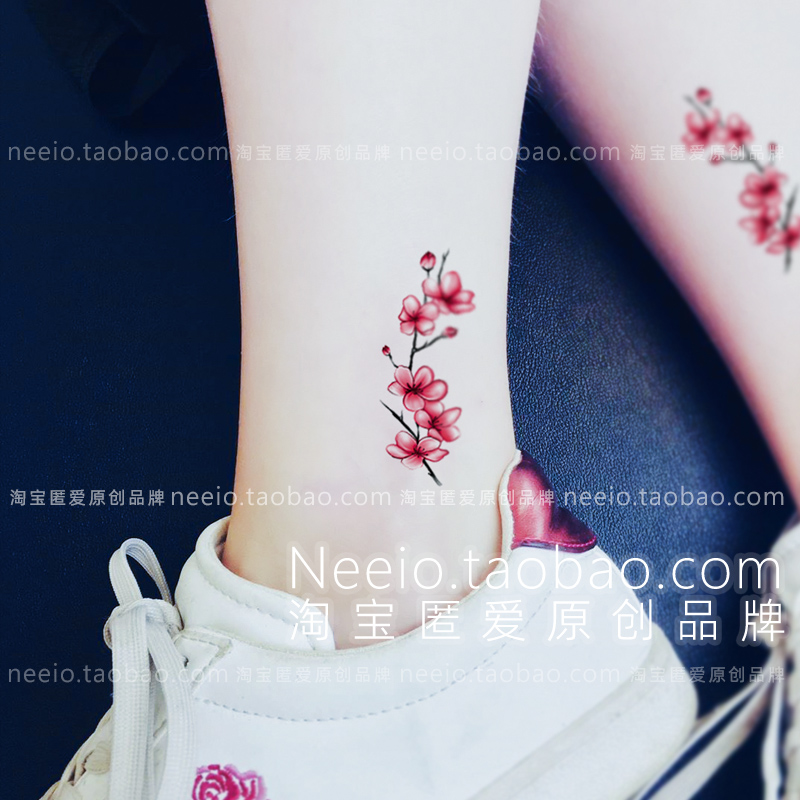 neeio纹身贴小清新花朵枝蔓 红色仙气梅花锁骨脚踝桃花防水女多图