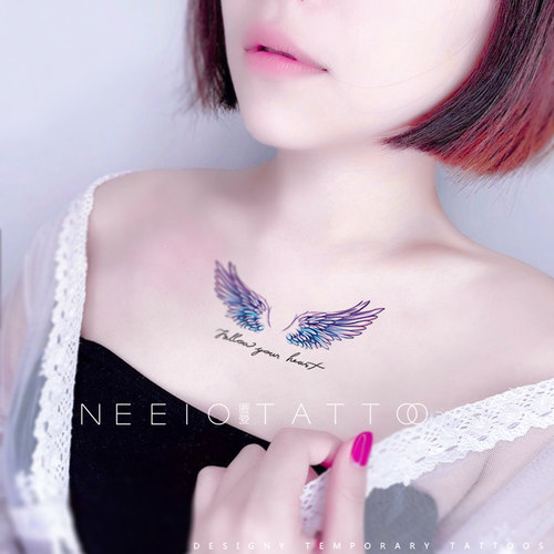 neeio原创纹身贴 蓝色翅膀 清新个性英文胸前脚踝 防水贴纸持久女