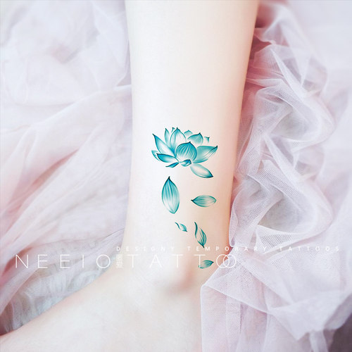 neeio纹身贴 青莲花瓣雨 蓝绿色莲花古风荷花脚踝 防水贴纸女