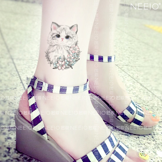 neeio原创纹身贴 超萌布偶猫 仙气清新花朵小猫咪脚踝手臂防水女